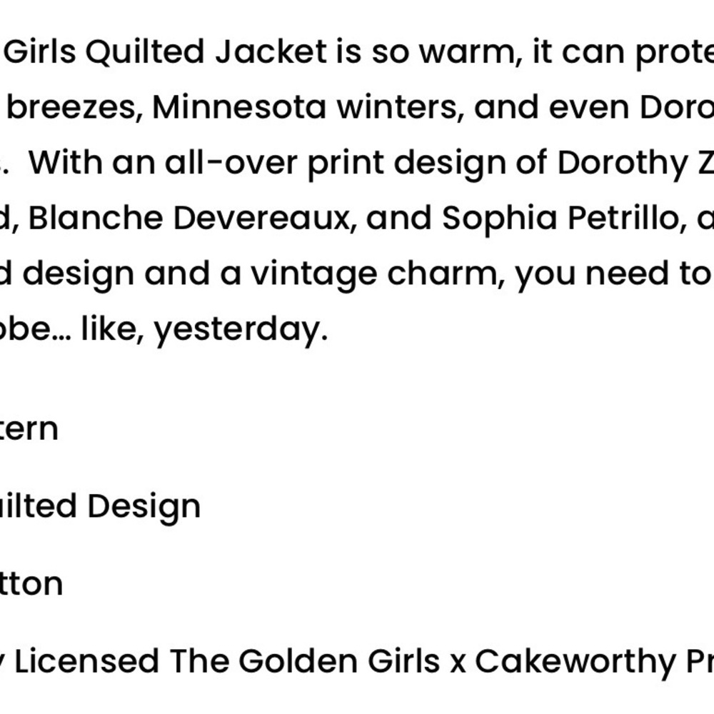 Cakeworthy x Golden Girls Quilted Jacket NWT - Picture 8 of 8
